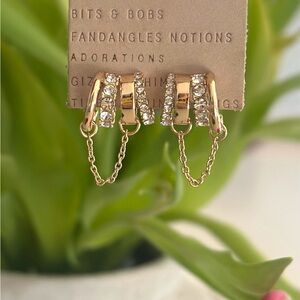 Gold and Crystals Huggie Earrings with Chain.